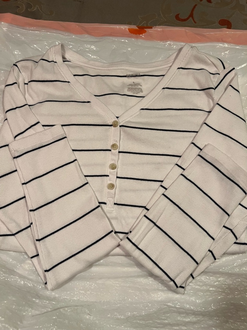 Striped Long-Sleeve Henley Top - Light Pink